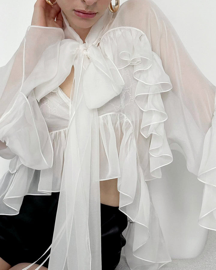 sheer ruffle-sleeve blouse with cascading ties – ELYSIA