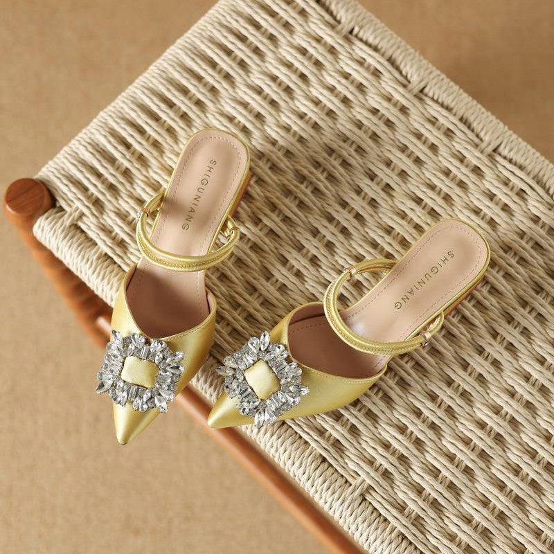 pointed-toe satin mules with crystal buckle - AURORAQLI