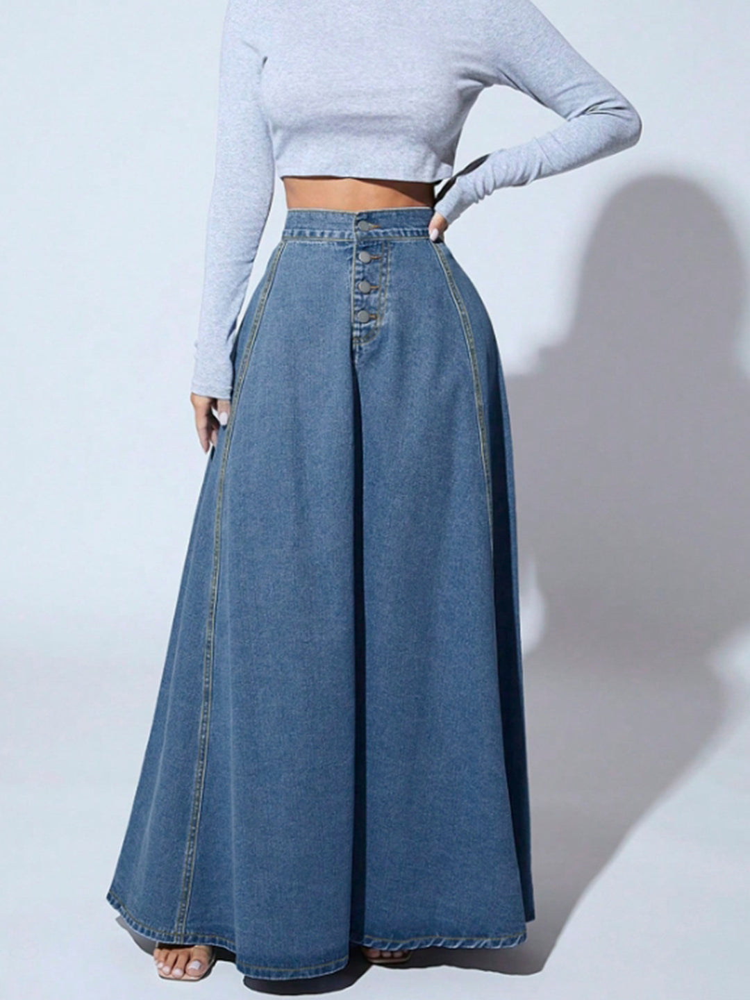 high-waist flared denim maxi skirt with front buttons – MAYA