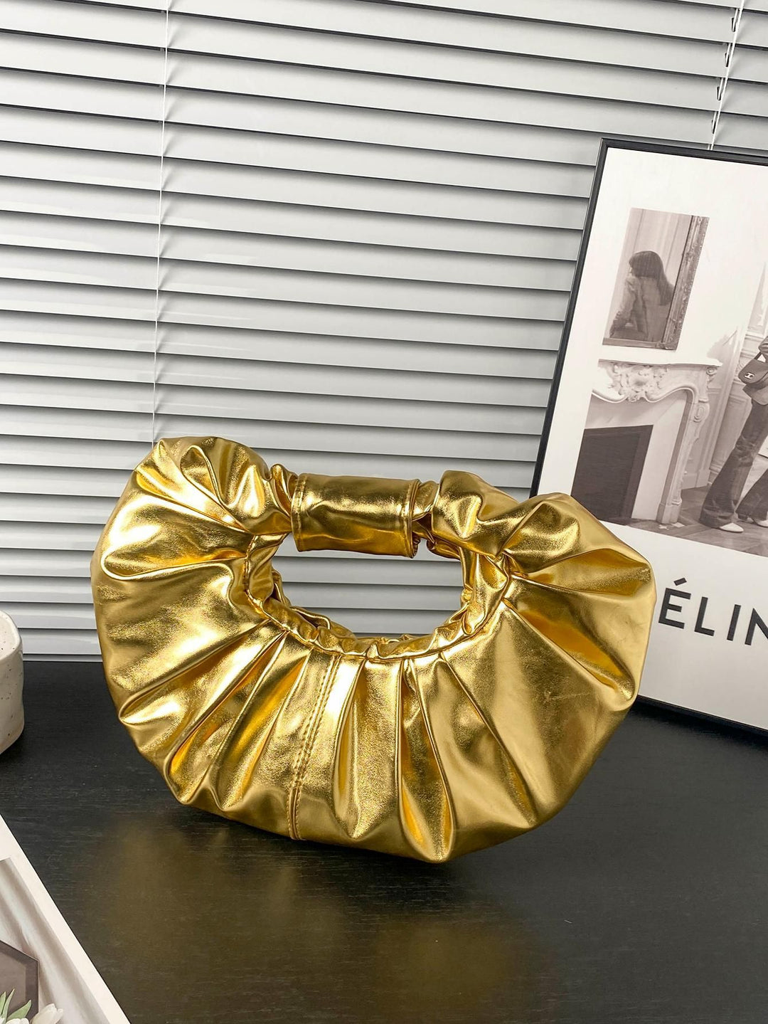 metallic ruched handle bag with circular silhouette – NOVANVI