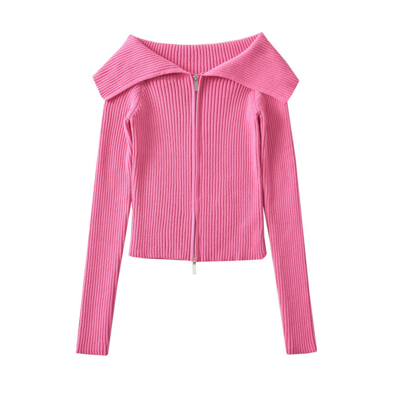 جاكيت محبوك مضلع مكشوف الكتفين بسحاب أمامي – ليكساني