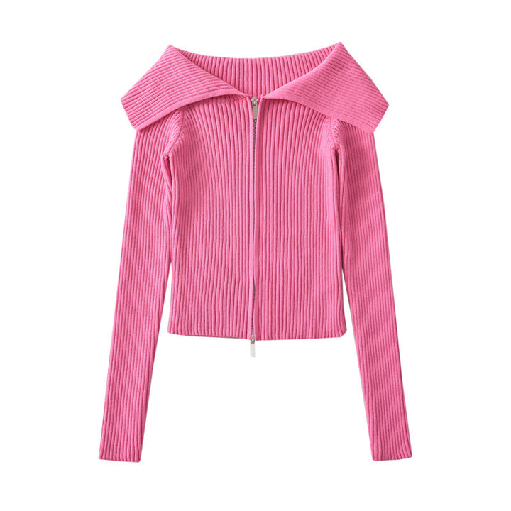 جاكيت محبوك مضلع مكشوف الكتفين بسحاب أمامي – ليكساني