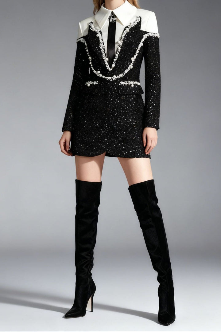 embellished tweed mini dress with pearl-trimmed lapel – VIONA