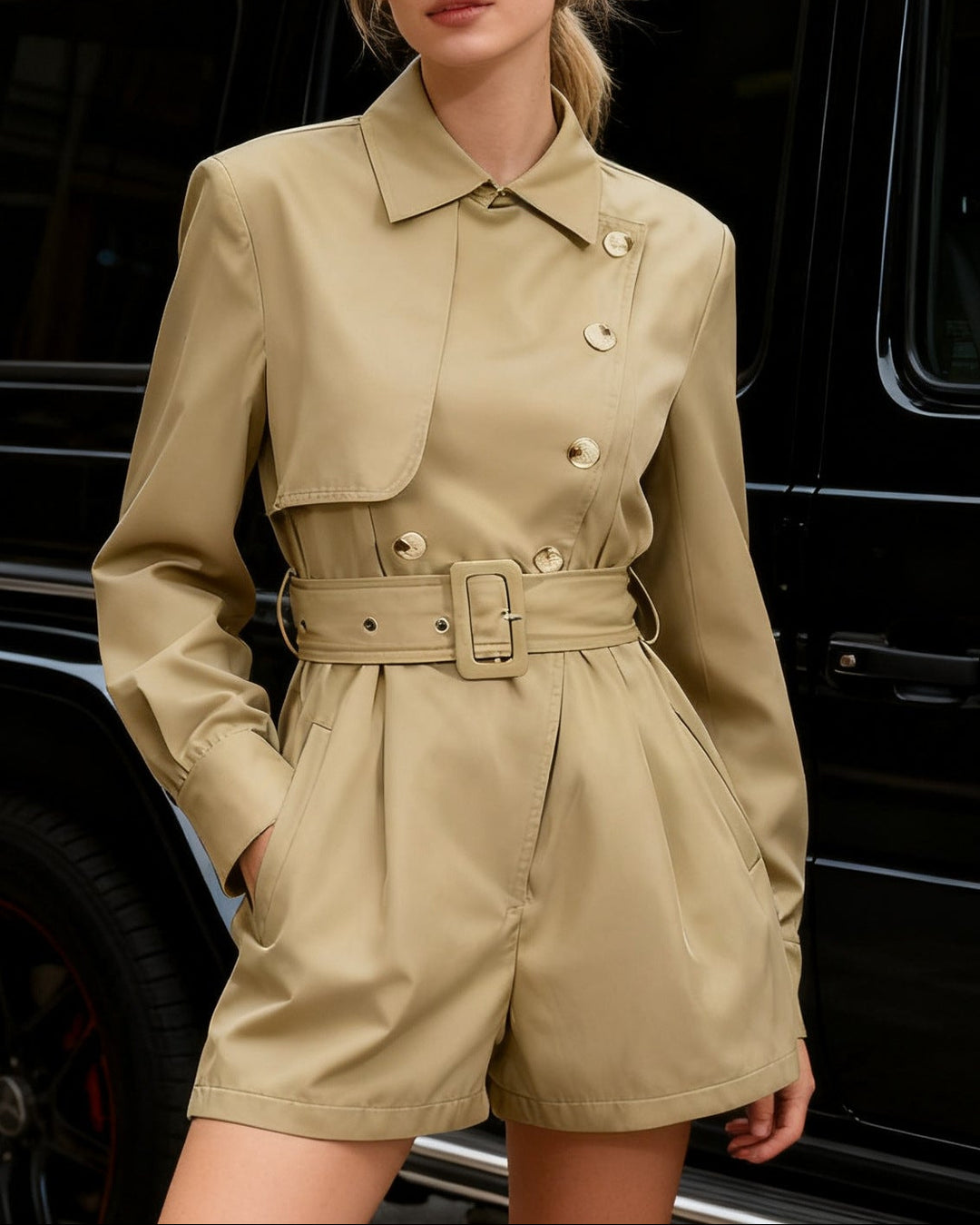 جمبسوت قصير بتصميم معطف واقٍ مزود بحزام وتفاصيل أزرار غير متماثلة - كايلا