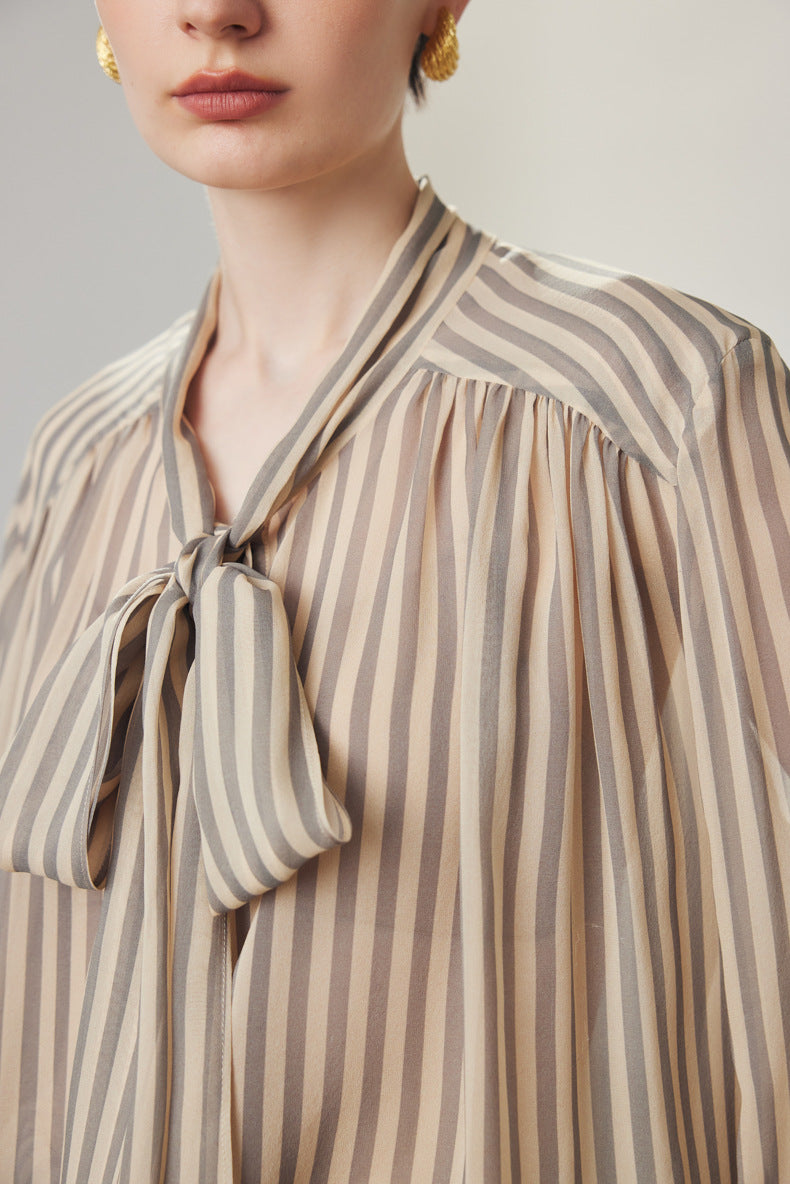 sheer striped blouse with tie-neck bow – VELORA