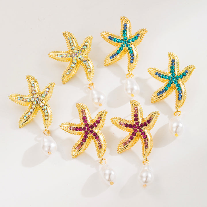 crystal starfish earrings with drop pearl charm - CORALIADU