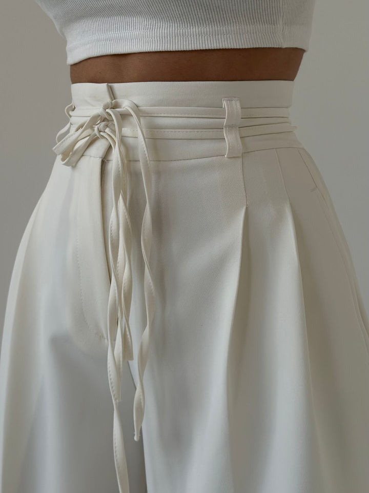 high-waist wide-leg pants with self-tie belt – SANDRA