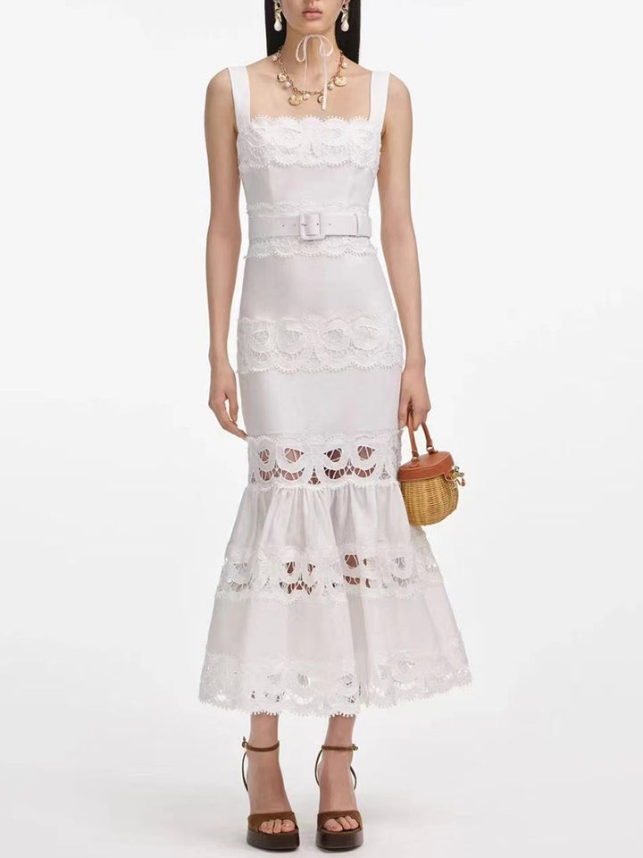 sleeveless lace-panel midi dress with belted waist – CELITERDU