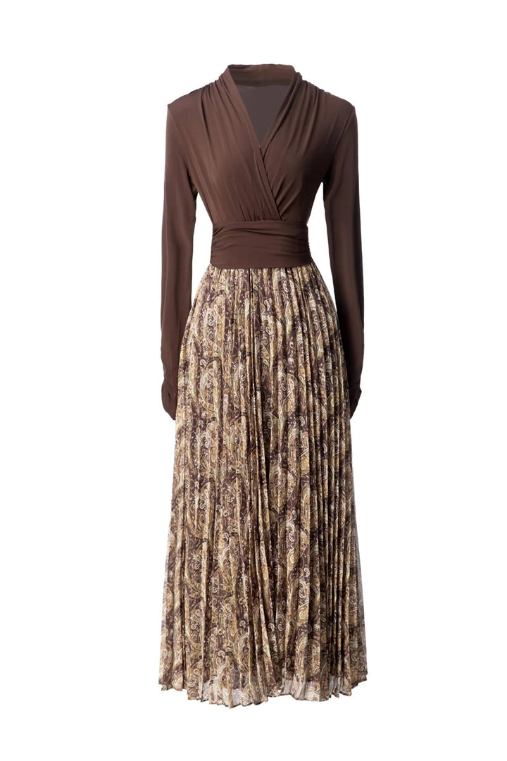 wrap-style knit top with printed pleated midi skirt – MOCHA