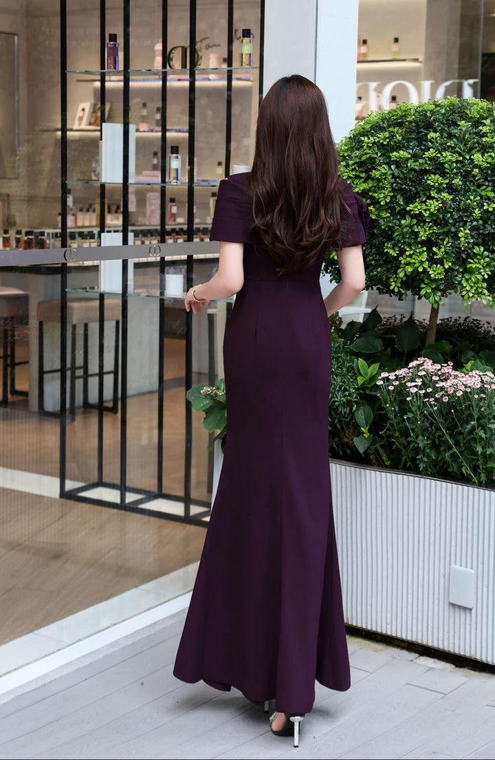 asymmetric embellished shoulder gown – AMARA