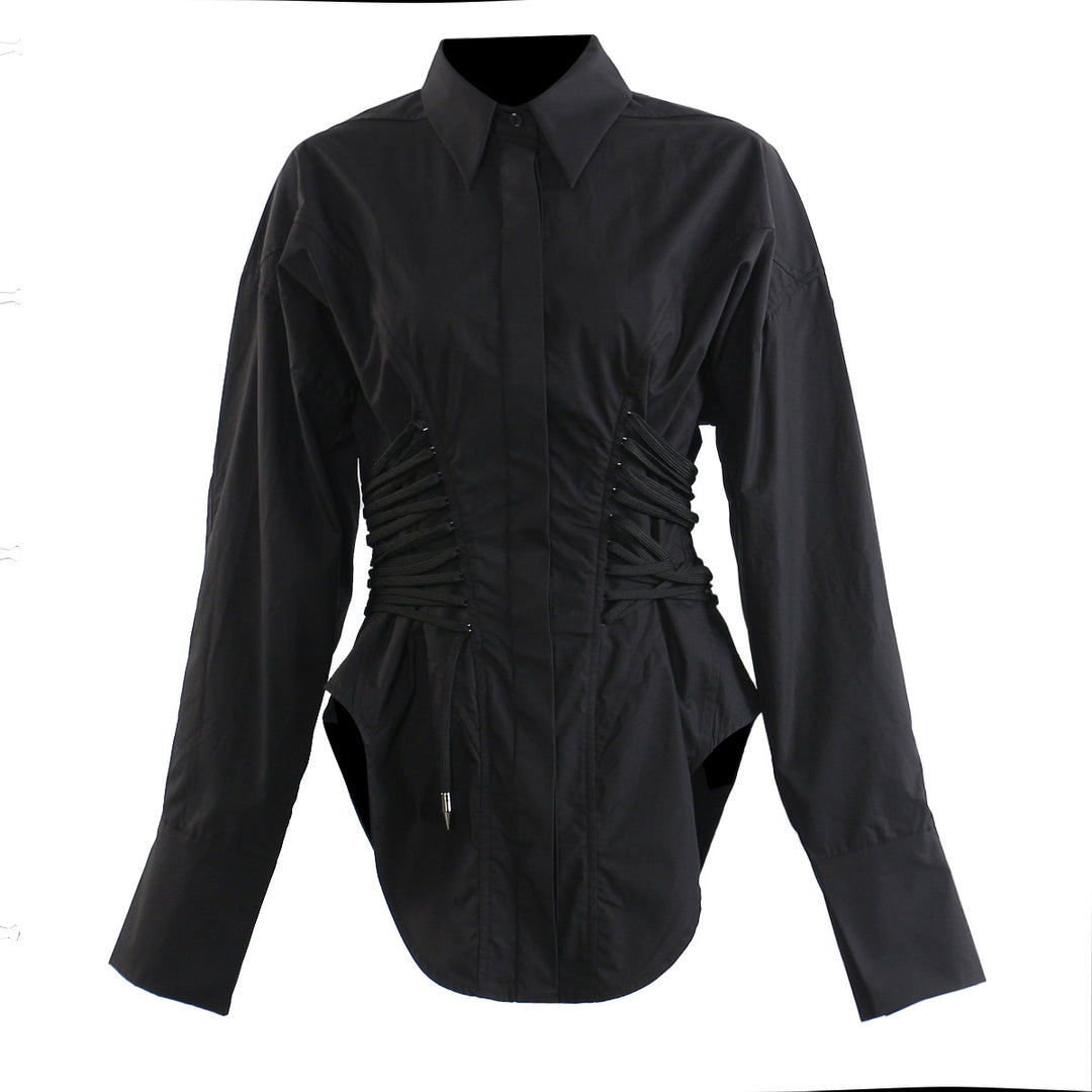 long-sleeve white shirt with ruched corset waist – ESME