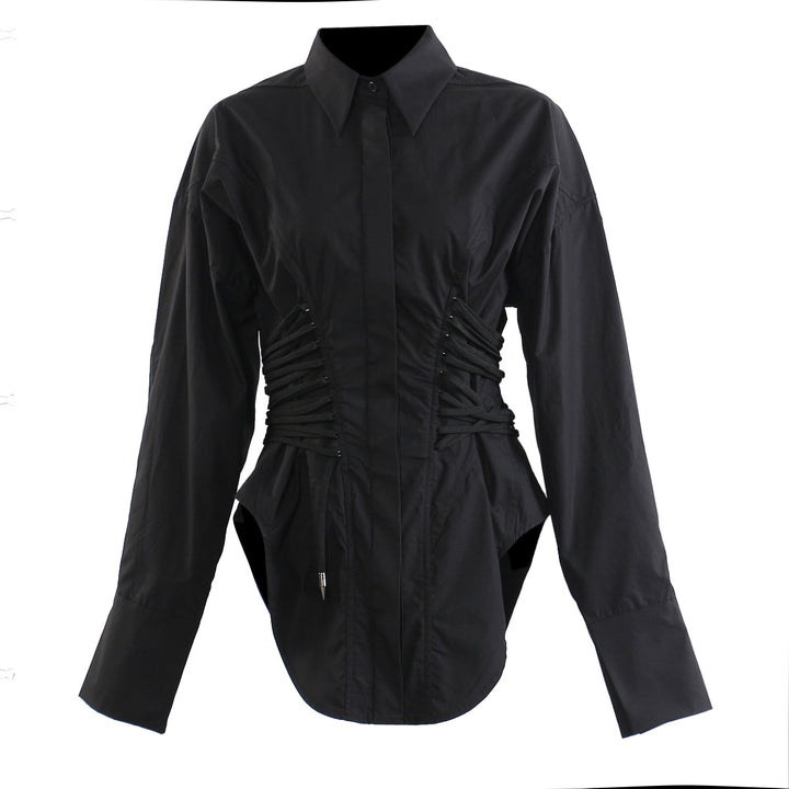 long-sleeve white shirt with ruched corset waist – ESME