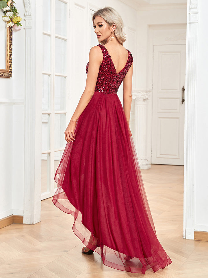sleeveless sequin bodice dress with layered high-low hem – ARITNA