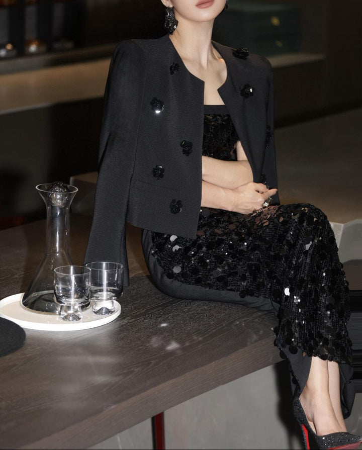 فستان عمودي بدون أكمام مزين بالترتر مع سترة قصيرة مزينة – أورورا