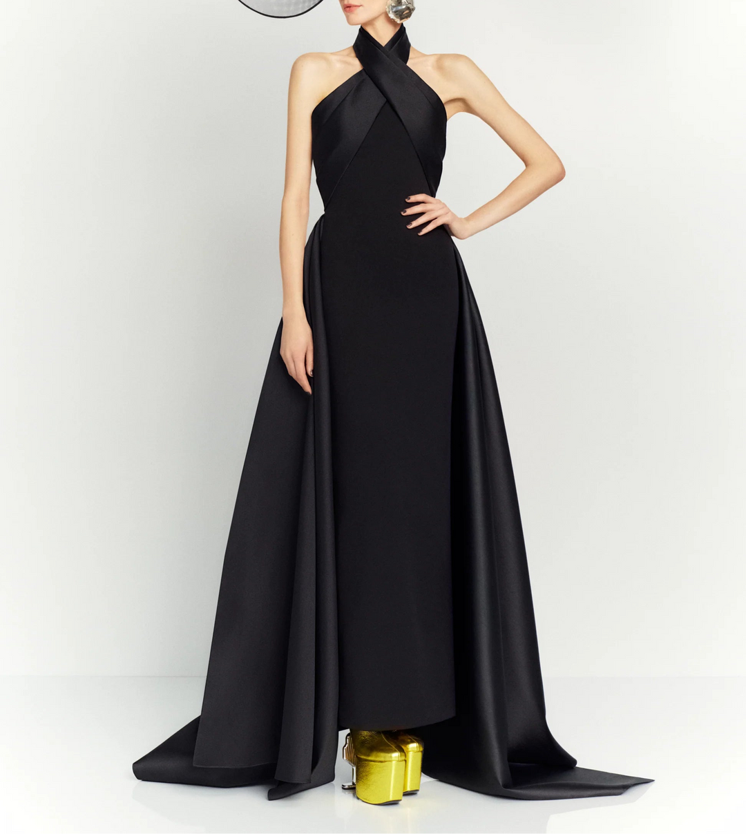 halter column dress with sculpted cross-neck and cape train – RUMI