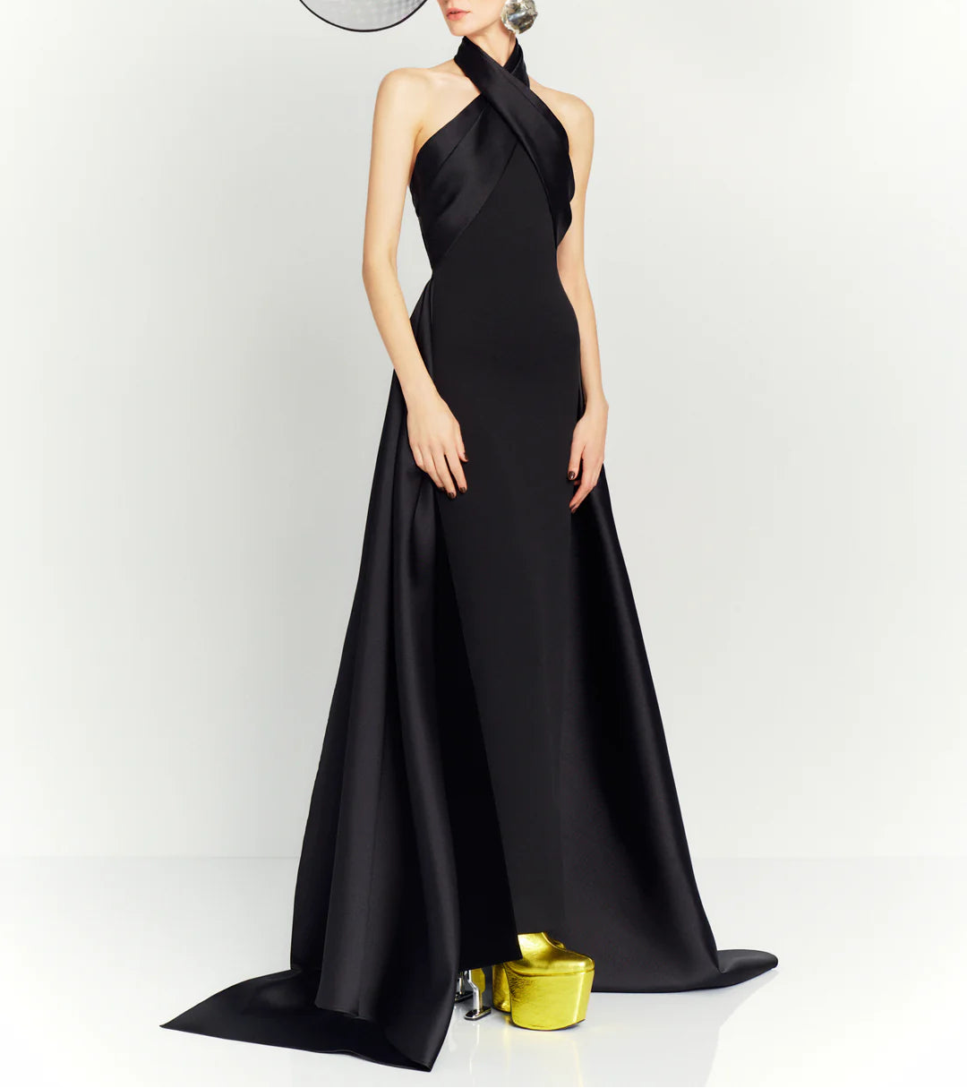 halter column dress with sculpted cross-neck and cape train – RUMI