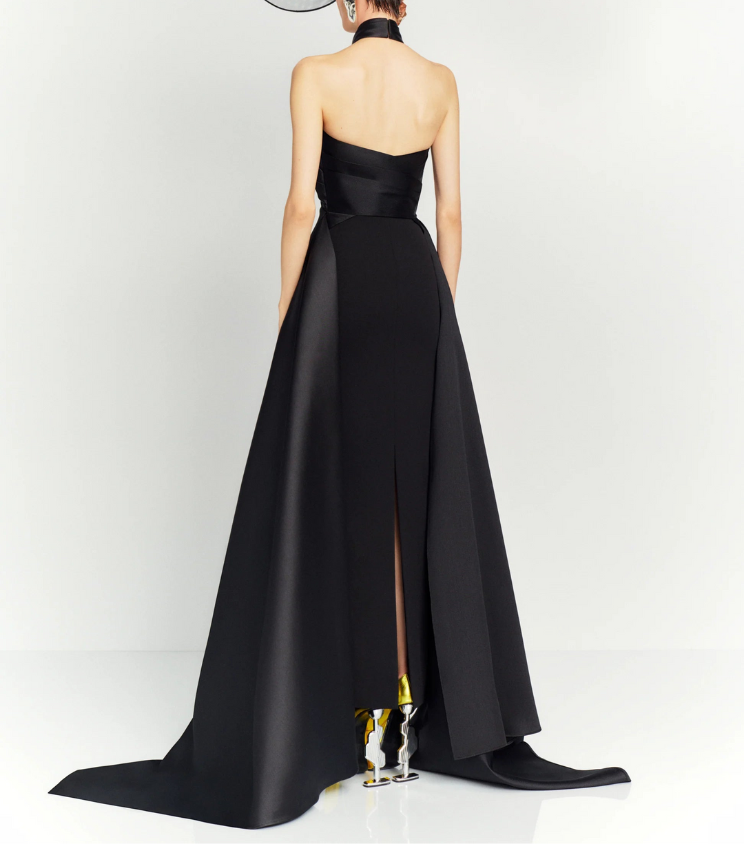 halter column dress with sculpted cross-neck and cape train – RUMI