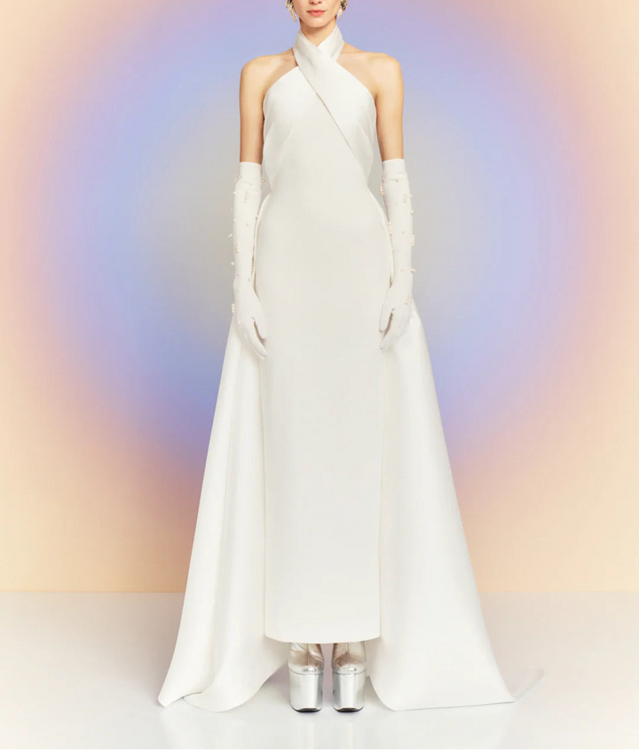 halter column dress with sculpted cross-neck and cape train – RUMI