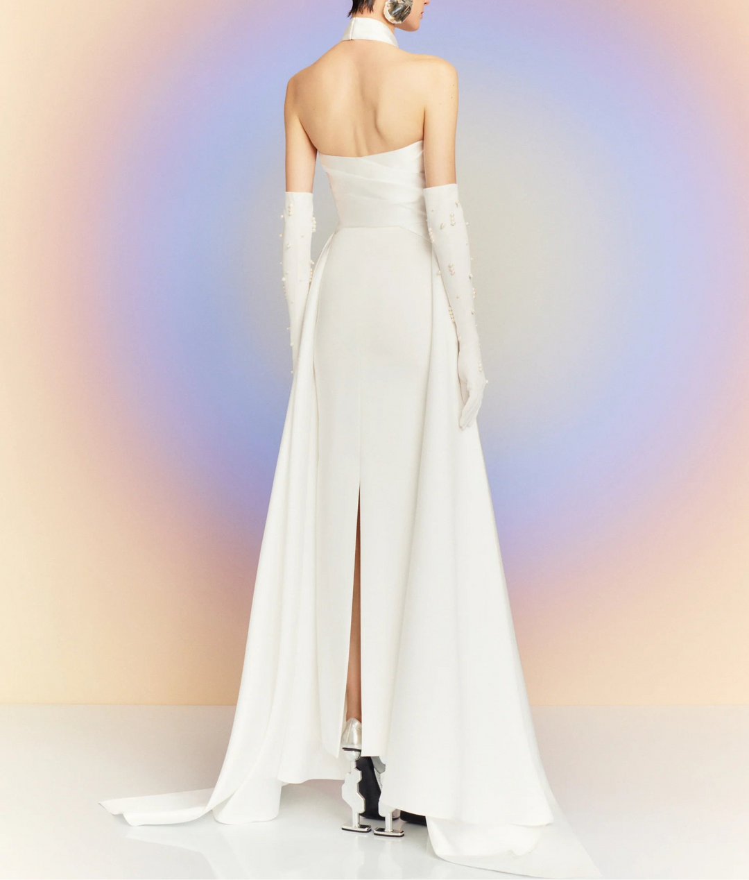 halter column dress with sculpted cross-neck and cape train – RUMI