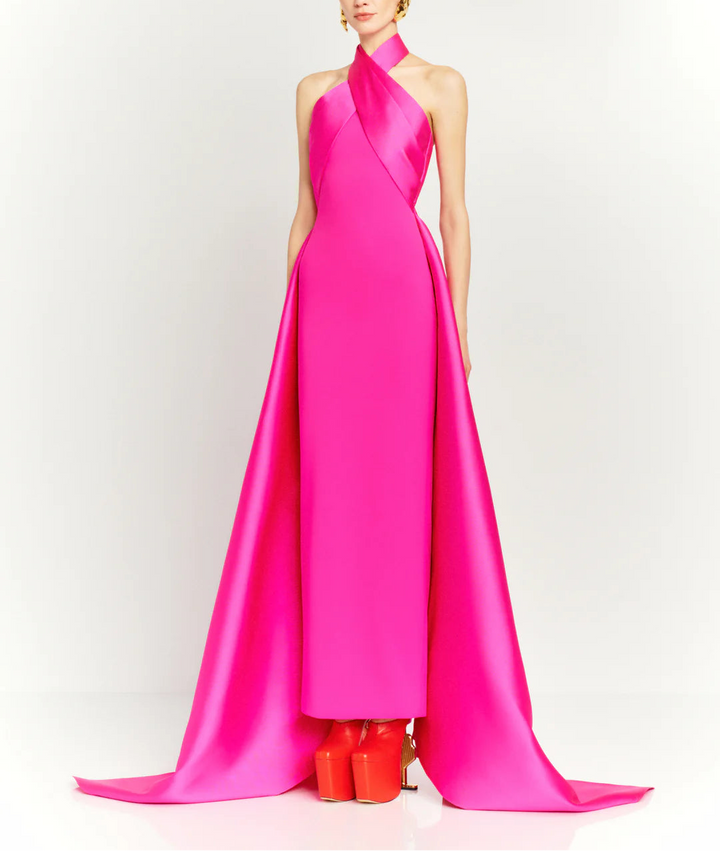 halter column dress with sculpted cross-neck and cape train – RUMI