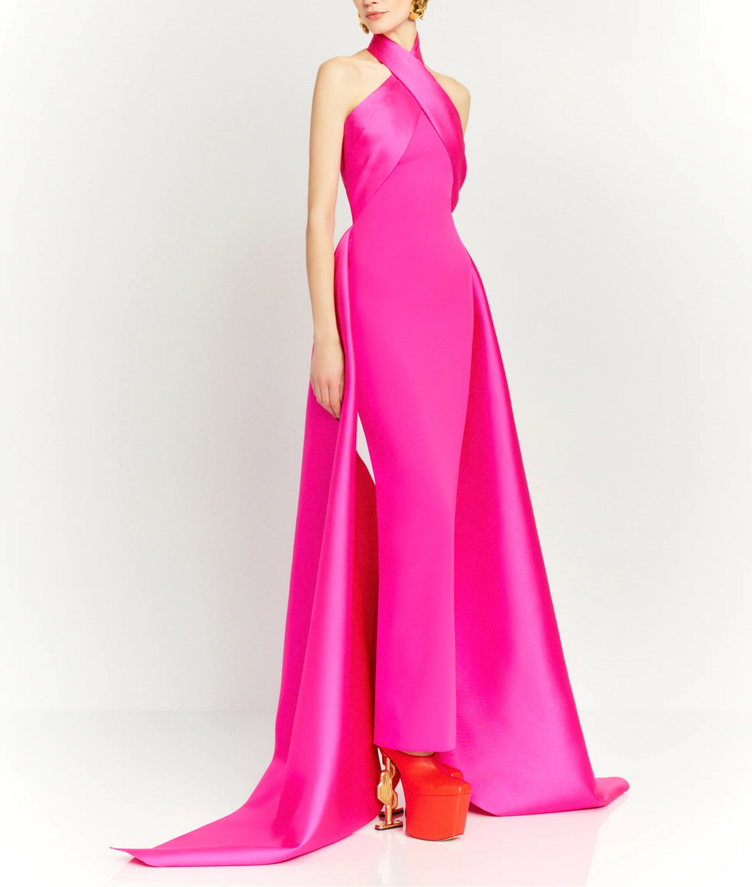 halter column dress with sculpted cross-neck and cape train – RUMI