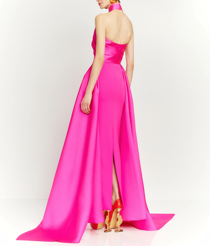 halter column dress with sculpted cross-neck and cape train – RUMI