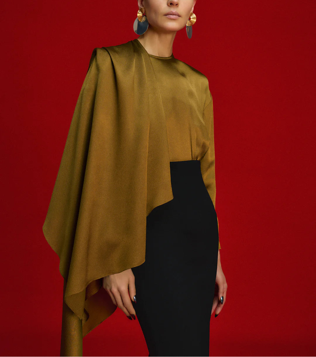 draped satin cape gown with fitted column skirt – RIVER