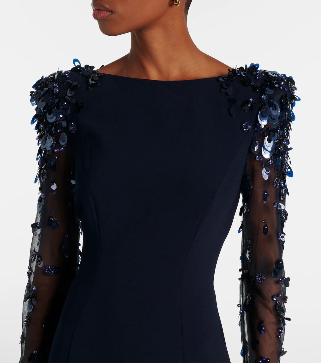 long column dress with embellished sheer sleeves - AUROXIA