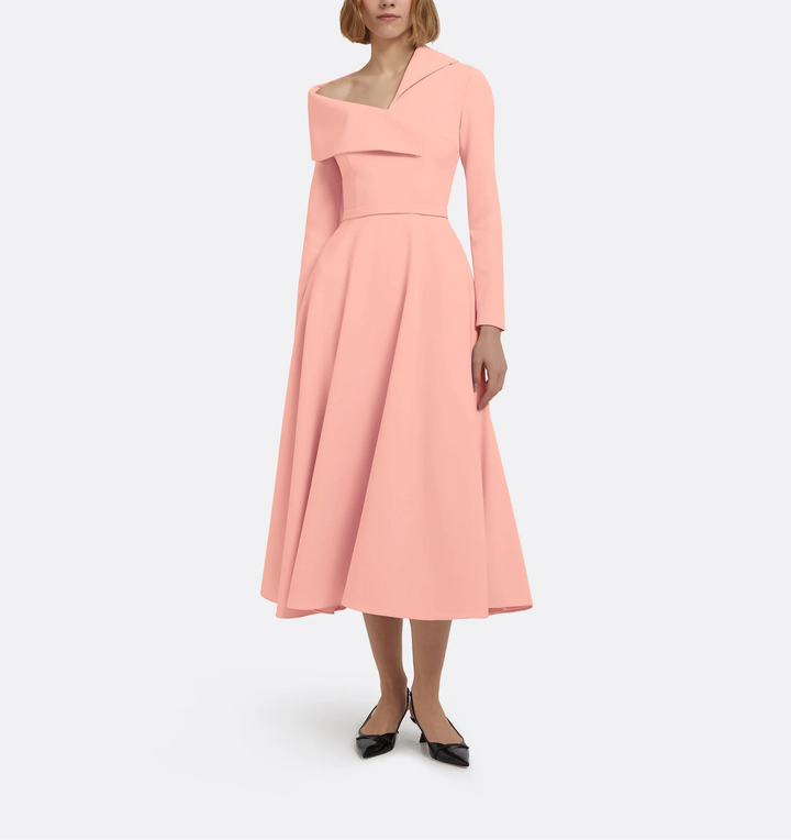 asymmetric neckline midi dress with flared skirt – CORAL