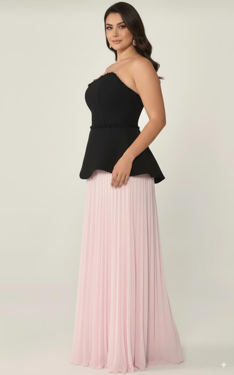 فستان بدون حمالات مطوي مع صد منحوت – نوير روز