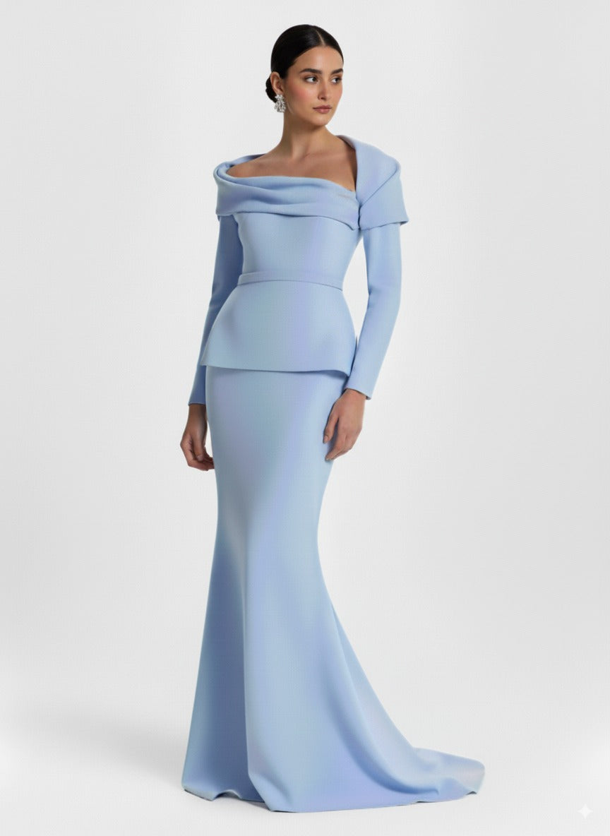 off-shoulder draped gown with peplum waist – SERENL-1