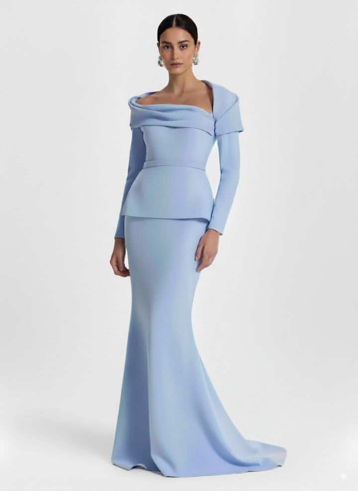 off-shoulder draped gown with peplum waist – SERENL-1