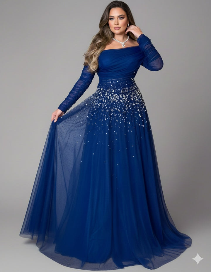 فستان تول مكشوف الكتفين مزين بالكريستال – ستيلارا