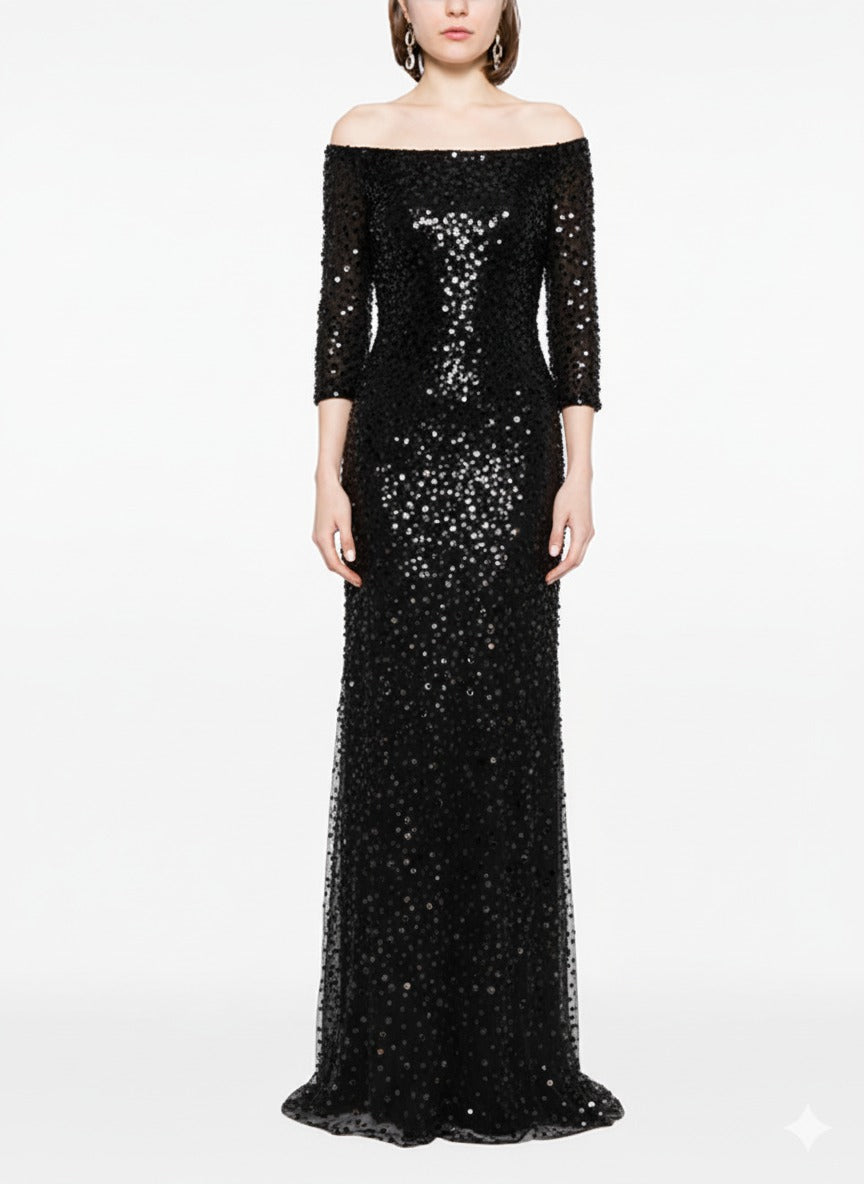off-shoulder sequin gown with sheer sleeves – MIDNIGHT