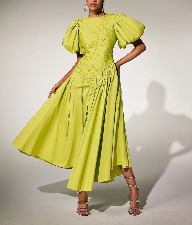 puff-sleeve midi dress with ruched drape – CARMINE**