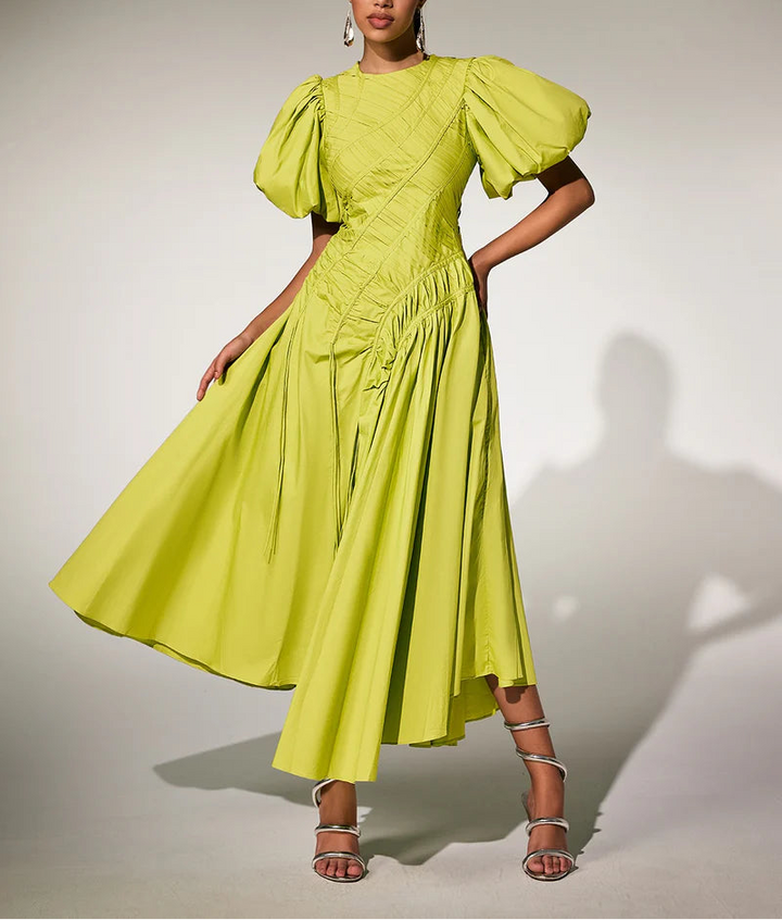 puff-sleeve midi dress with ruched drape – CARMINE**