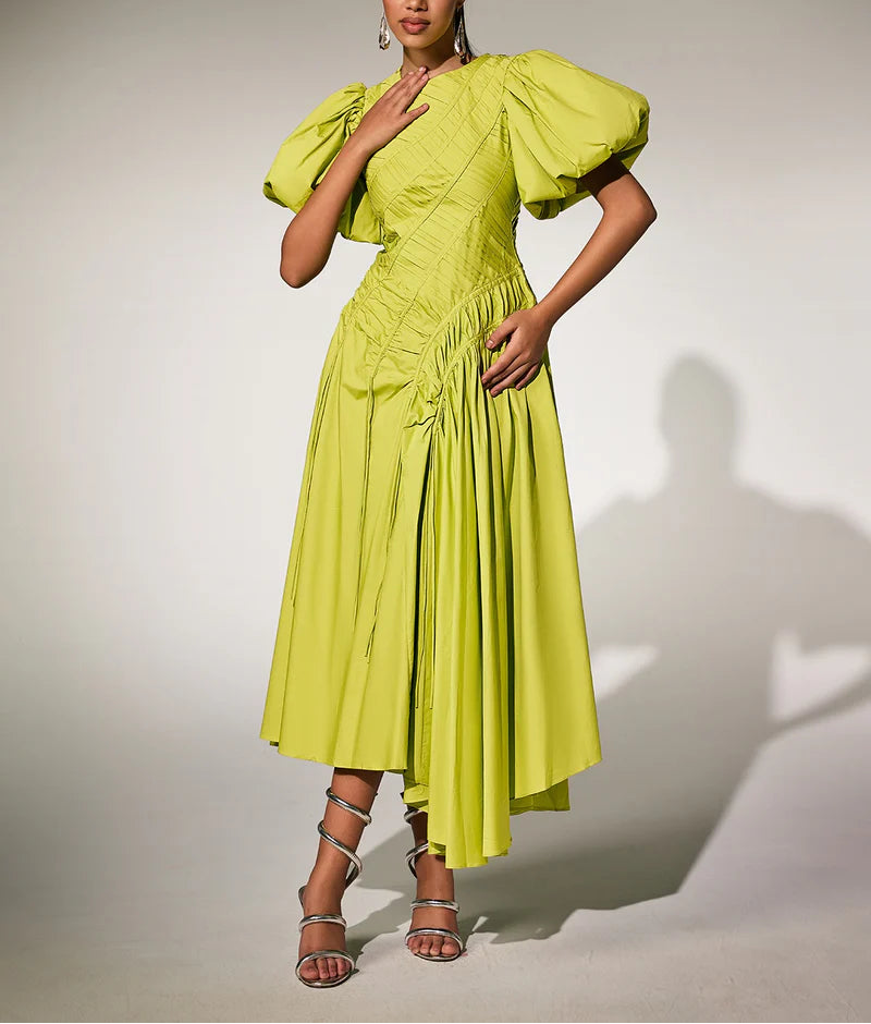 puff-sleeve midi dress with ruched drape – CARMINE**