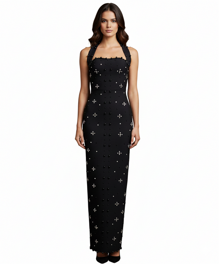 halter column dress with crystal stud detailing – FUCHSIA