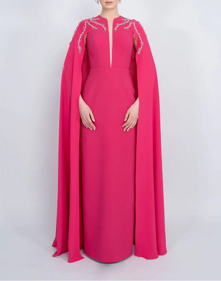 embellished cape gown with front slit – FUCHSIAE
