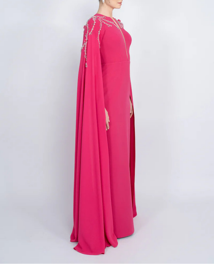 embellished cape gown with front slit – FUCHSIAE