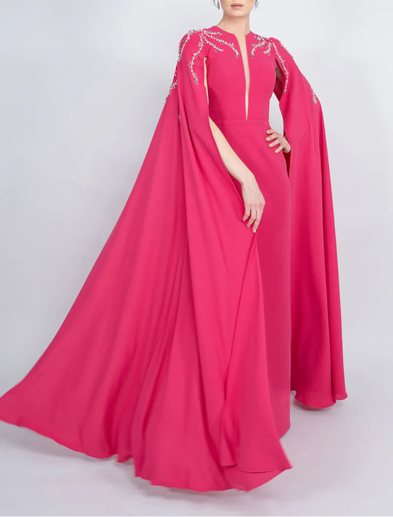 embellished cape gown with front slit – FUCHSIAE