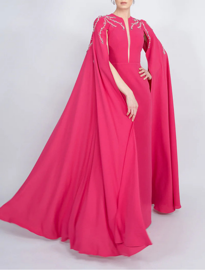 embellished cape gown with front slit – FUCHSIAE