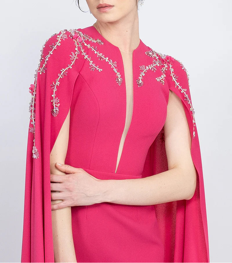 embellished cape gown with front slit – FUCHSIAE