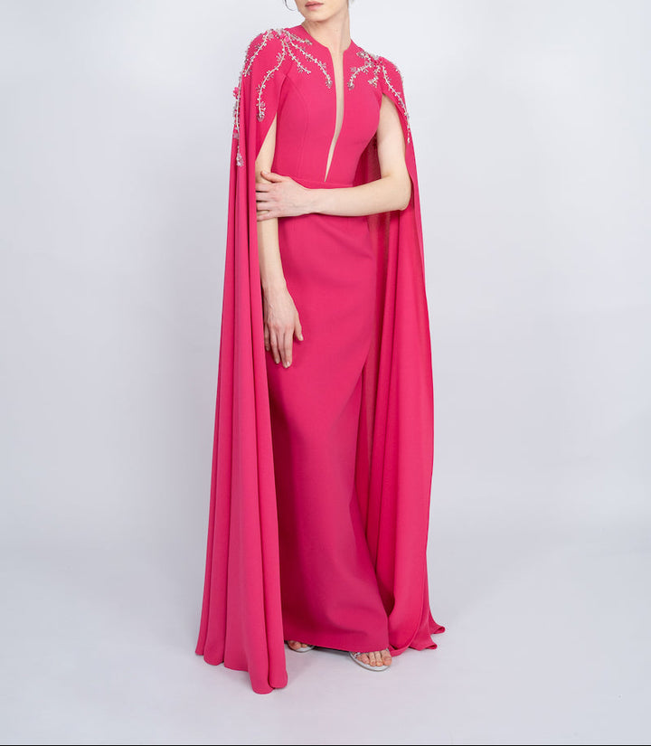 embellished cape gown with front slit – FUCHSIAE