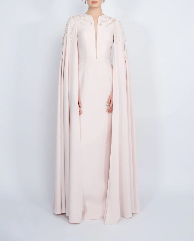 embellished cape gown with plunging neckline – POWDERE