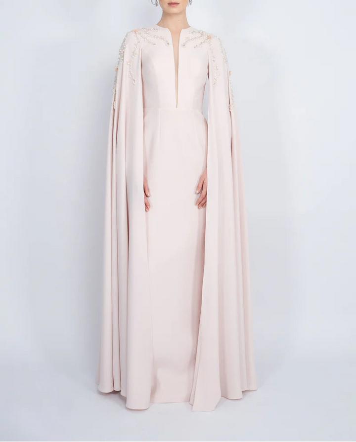 embellished cape gown with plunging neckline – POWDERE