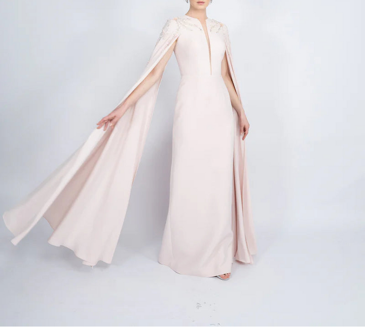 embellished cape gown with plunging neckline – POWDERE