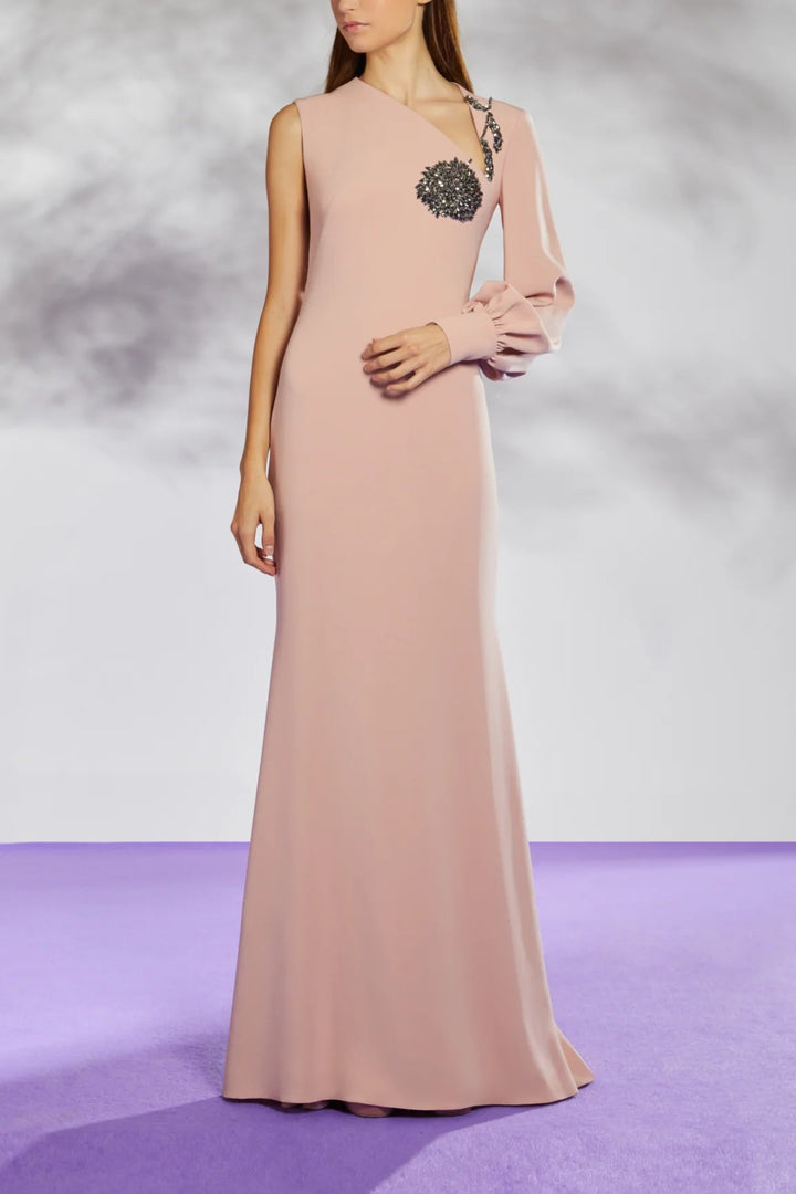 asymmetric gown with embellished floral motif – RAWAN