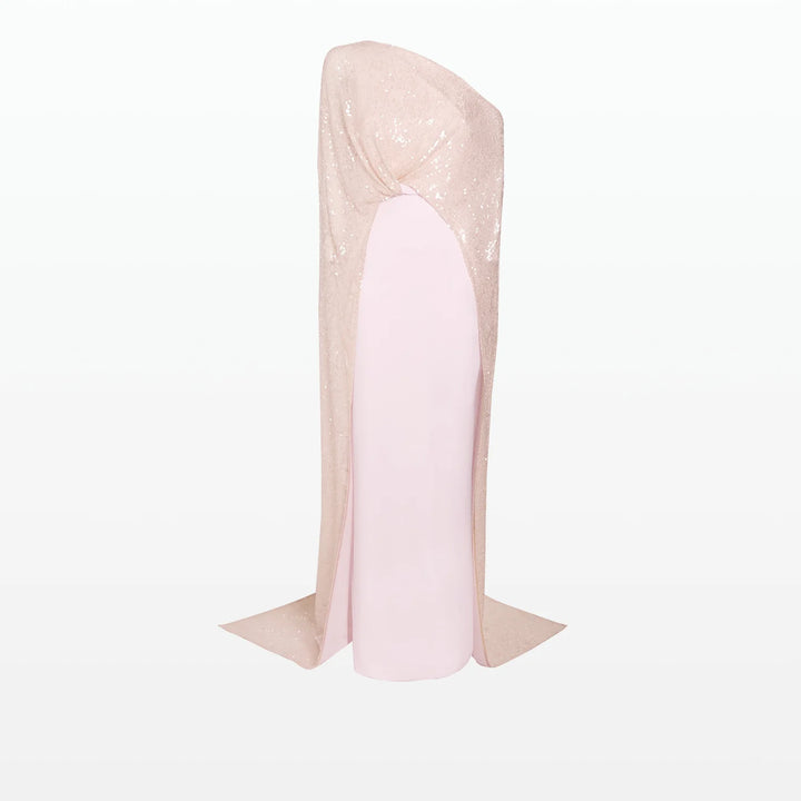 Off Shoulder  pink dress with sequined cape -Nardin