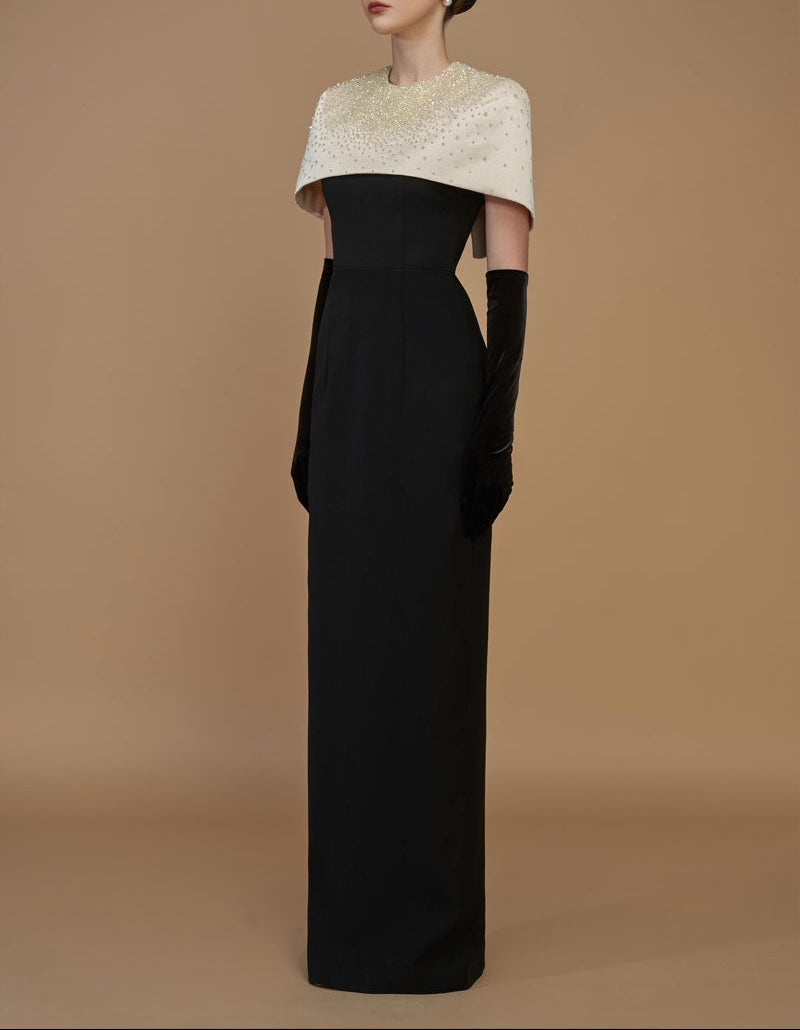 embellished mini-cape gown with column silhouette – BEATRICE